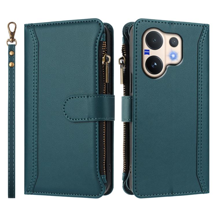 For vivo V60 5G Global Magnetic Closure 9 Card Slots Zipper Leather Case with Hand Strap