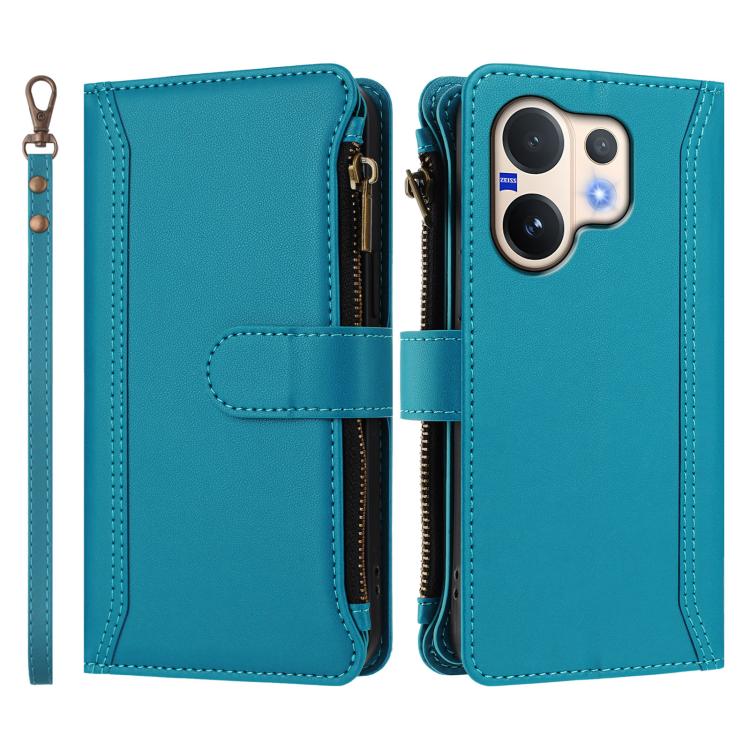 For vivo V60 5G Global Magnetic Closure 9 Card Slots Zipper Leather Case with Hand Strap