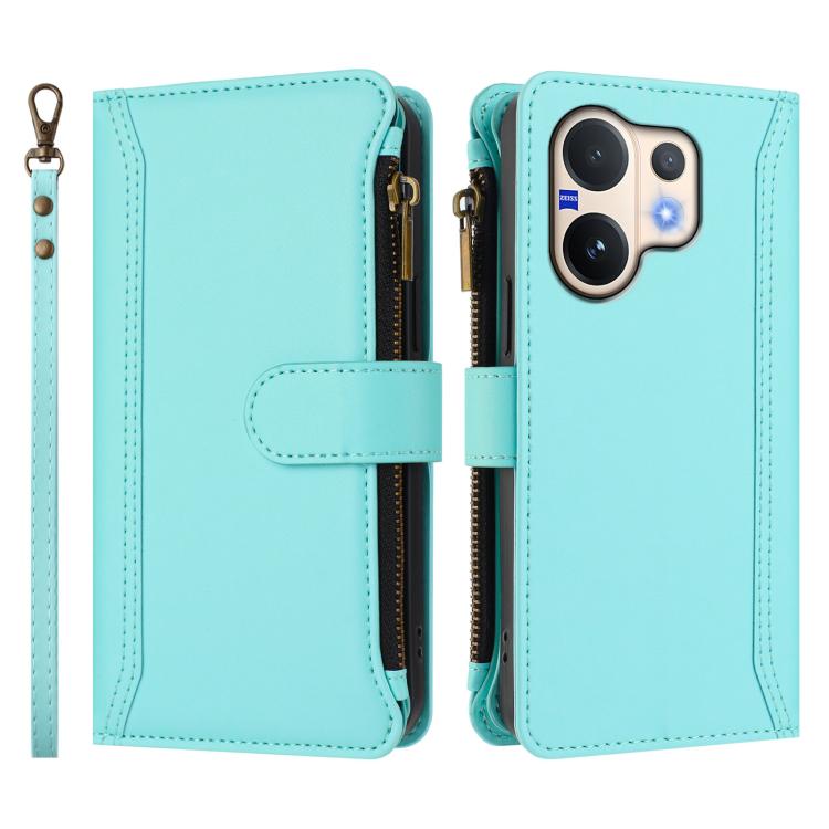 For vivo V60 5G Global Magnetic Closure 9 Card Slots Zipper Leather Case with Hand Strap
