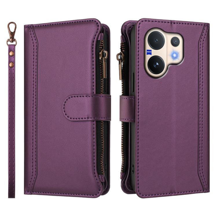 For vivo V60 5G Global Magnetic Closure 9 Card Slots Zipper Leather Case with Hand Strap