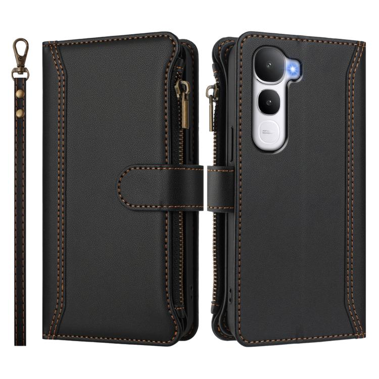 For vivo Y400 5G Global Magnetic Closure 9 Card Slots Zipper Leather Case with Hand Strap
