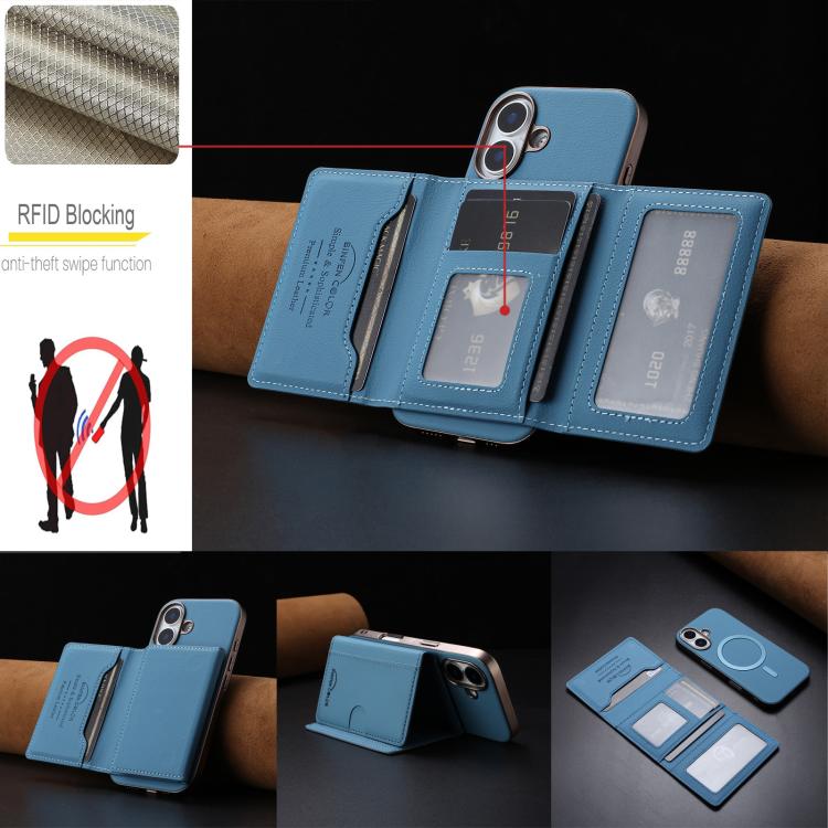 For iPhone 16 Plus Solid Color Horizontal Magnetic Card Bag RFID MagSafe Phone Case