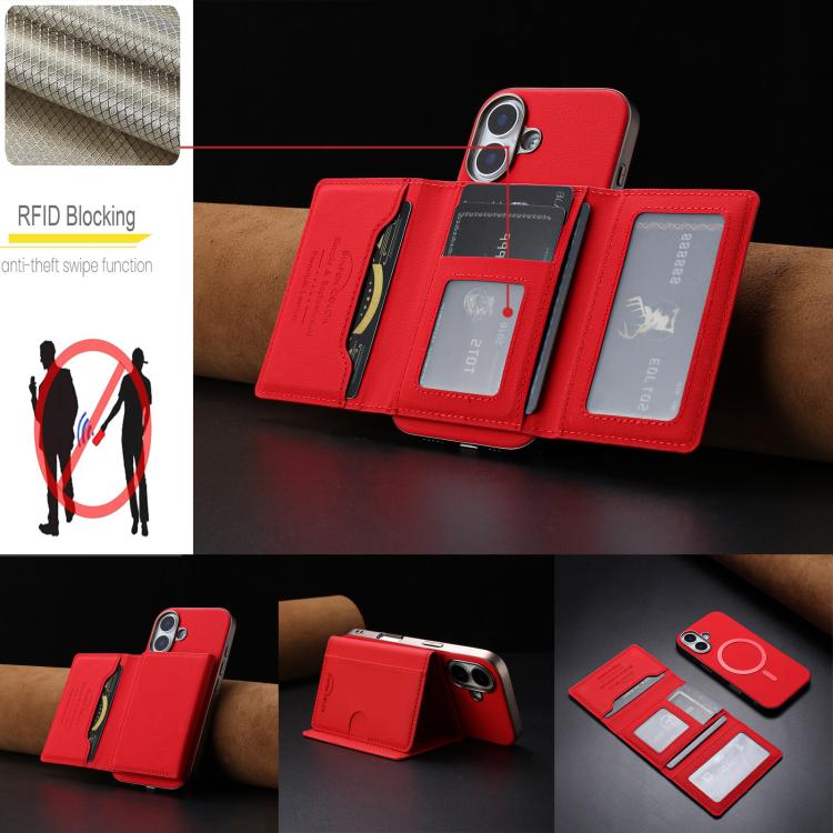 For iPhone 16 Solid Color Horizontal Magnetic Card Bag RFID MagSafe Phone Case