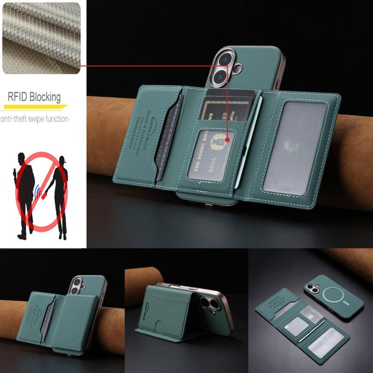 For iPhone 16 Solid Color Horizontal Magnetic Card Bag RFID MagSafe Phone Case