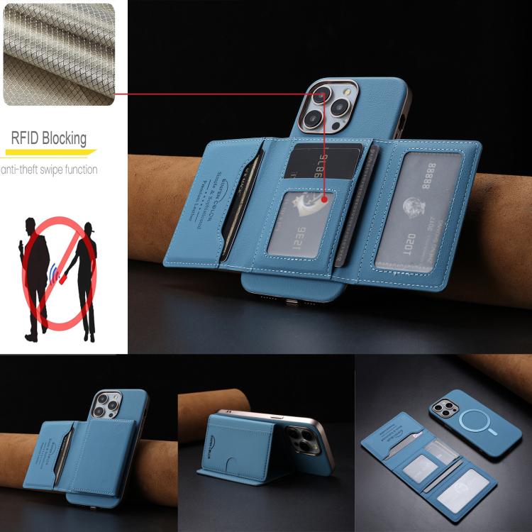 For iPhone 15 Pro Max Solid Color Horizontal Magnetic Card Bag RFID MagSafe Phone Case