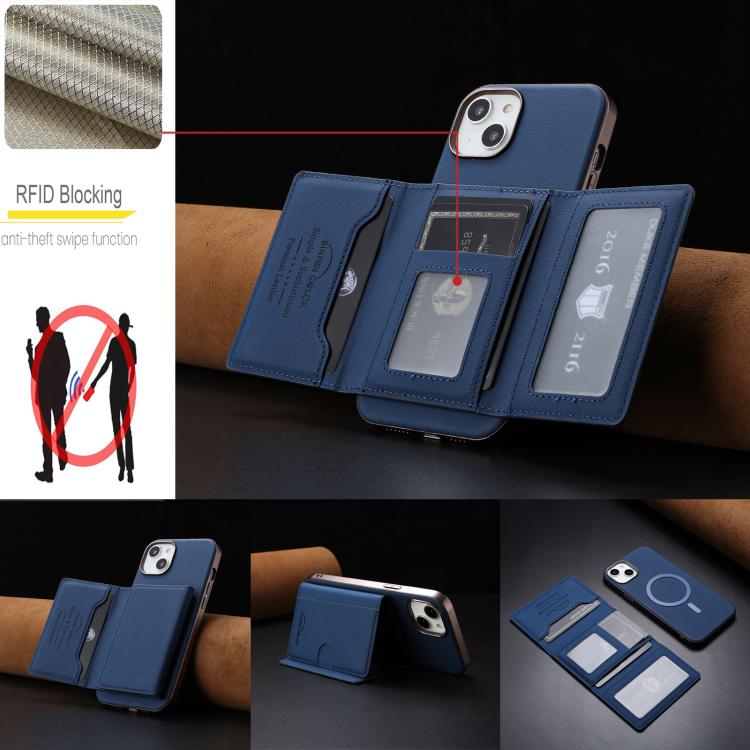 For iPhone 14 Plus Solid Color Horizontal Magnetic Card Bag RFID MagSafe Phone Case