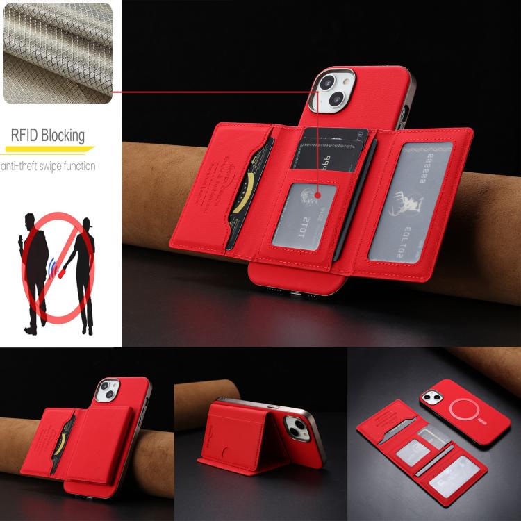 For iPhone 15 Solid Color Horizontal Magnetic Card Bag RFID MagSafe Phone Case