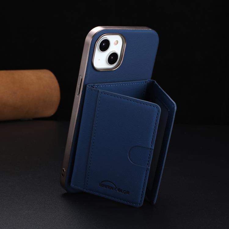 For iPhone 15 Solid Color Horizontal Magnetic Card Bag RFID MagSafe Phone Case