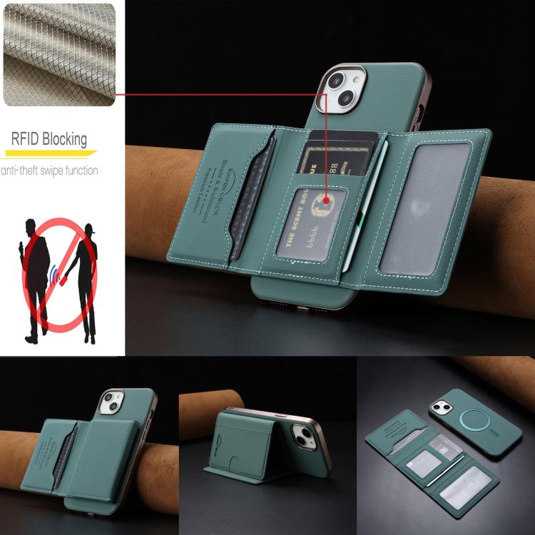 For iPhone 15 Solid Color Horizontal Magnetic Card Bag RFID MagSafe Phone Case