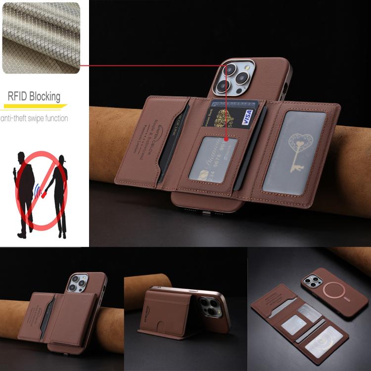 For iPhone 14 Pro Max Solid Color Horizontal Magnetic Card Bag RFID MagSafe Phone Case