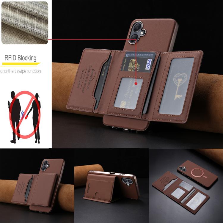 For Samsung Galaxy A06 Solid Color Horizontal Magnetic Card Bag RFID MagSafe Phone Case