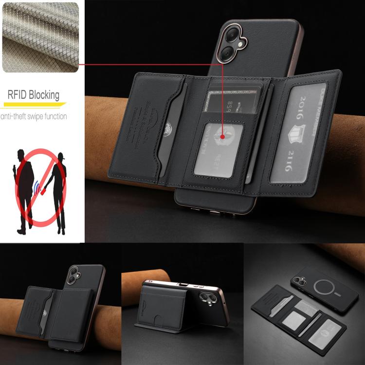 For Samsung Galaxy A06 Solid Color Horizontal Magnetic Card Bag RFID MagSafe Phone Case