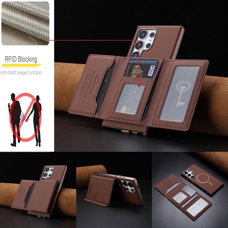 For Samsung Galaxy S21 Ultra 5G Solid Color Horizontal Magnetic Card Bag RFID MagSafe Phone Case