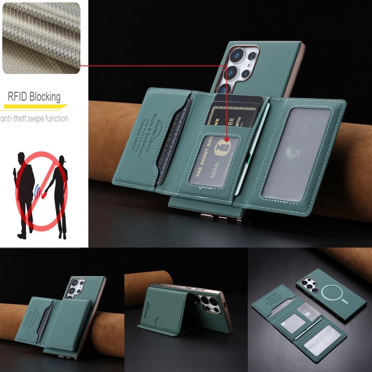 For Samsung Galaxy S22 Ultra 5G Solid Color Horizontal Magnetic Card Bag RFID MagSafe Phone Case