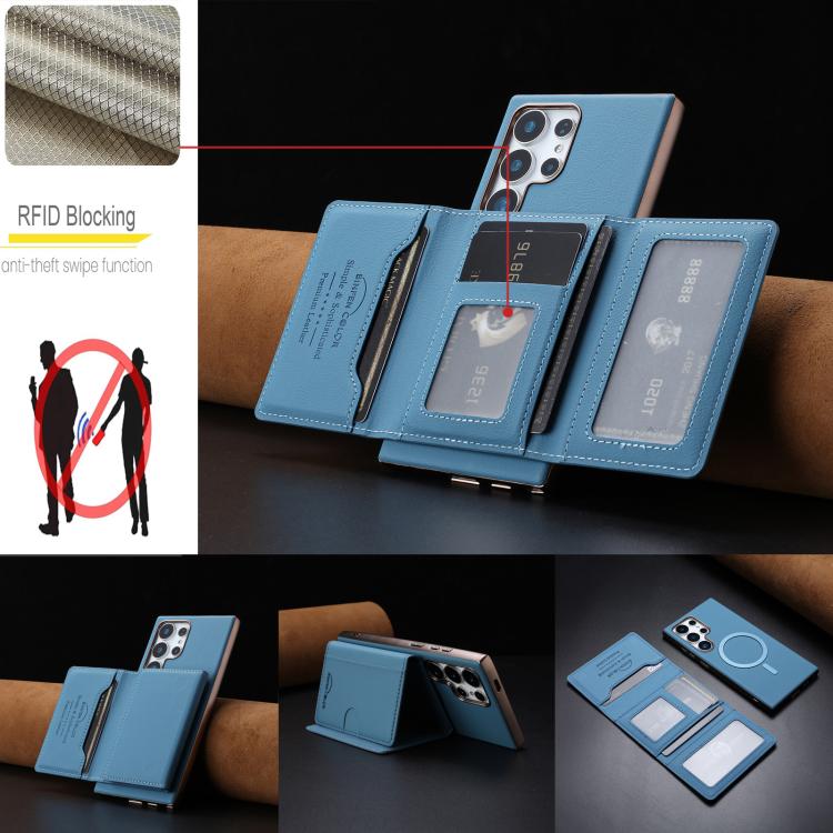 For Samsung Galaxy S23 Ultra 5G Solid Color Horizontal Magnetic Card Bag RFID MagSafe Phone Case