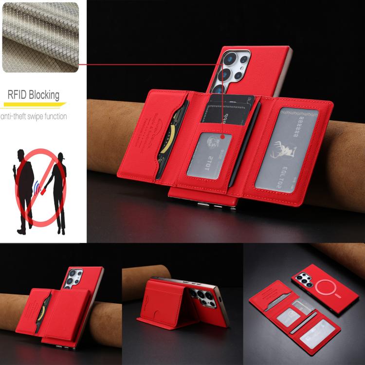 For Samsung Galaxy S24 Ultra 5G Solid Color Horizontal Magnetic Card Bag RFID MagSafe Phone Case