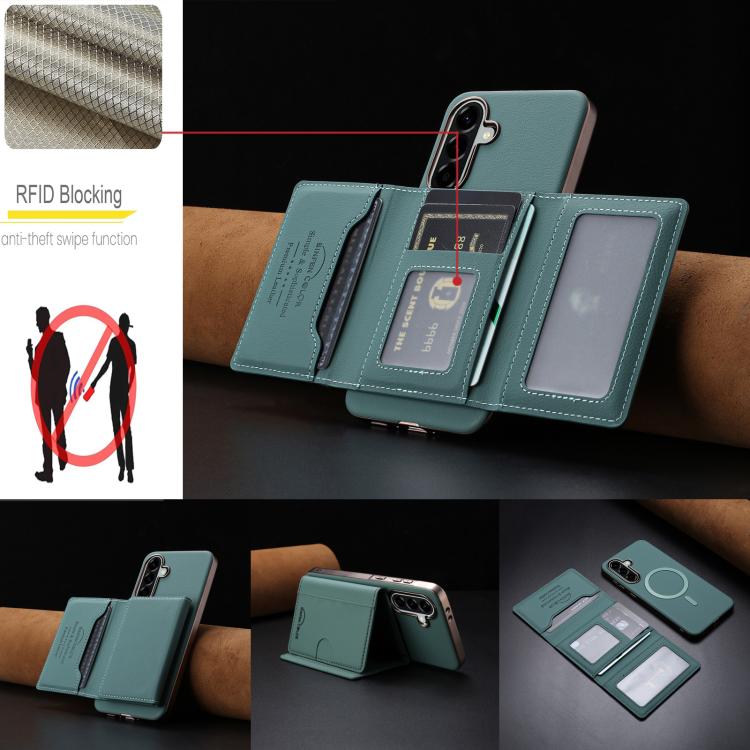 For Samsung Galaxy S25+ 5G Solid Color Horizontal Magnetic Card Bag RFID MagSafe Phone Case