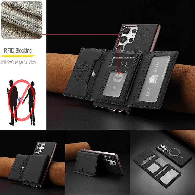 For Samsung Galaxy S25 Ultra 5G Solid Color Horizontal Magnetic Card Bag RFID MagSafe Phone Case