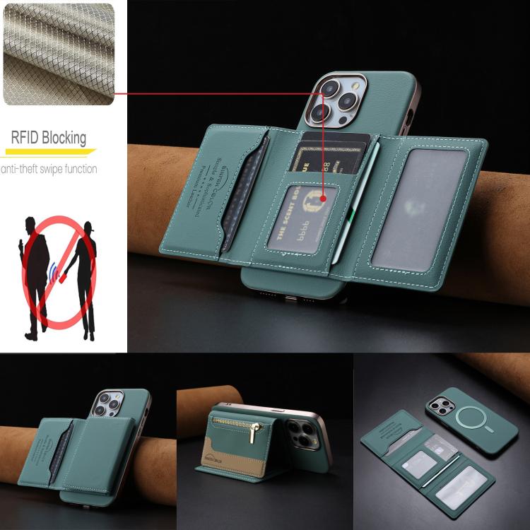 For iPhone 16 Pro Max Zipper Horizontal Magnetic Card Bag RFID MagSafe Phone Case