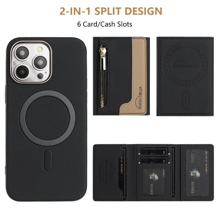 For iPhone 16 Pro Zipper Horizontal Magnetic Card Bag RFID MagSafe Phone Case