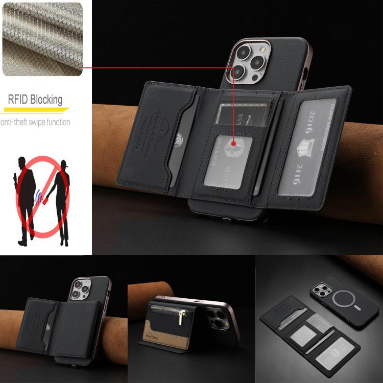 For iPhone 16 Pro Zipper Horizontal Magnetic Card Bag RFID MagSafe Phone Case