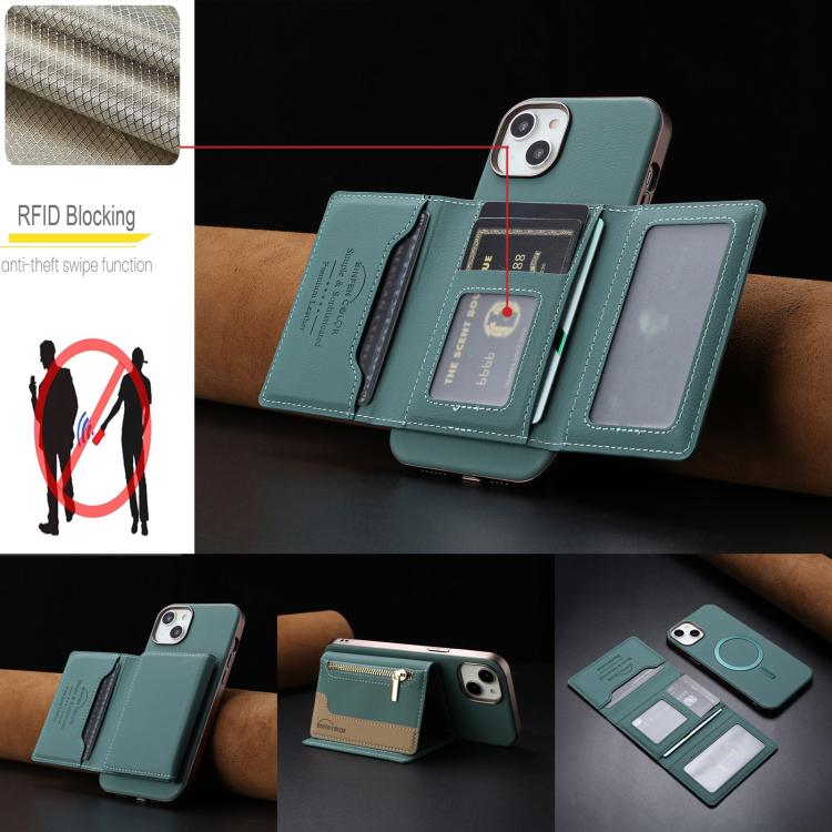 For iPhone 16 Plus Zipper Horizontal Magnetic Card Bag RFID MagSafe Phone Case