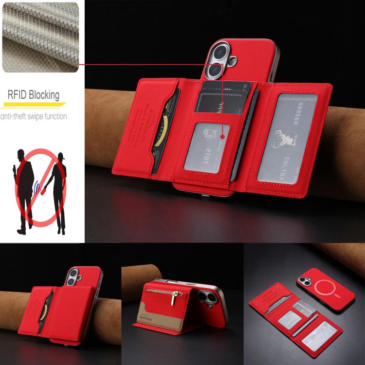 For iPhone 16 Zipper Horizontal Magnetic Card Bag RFID MagSafe Phone Case