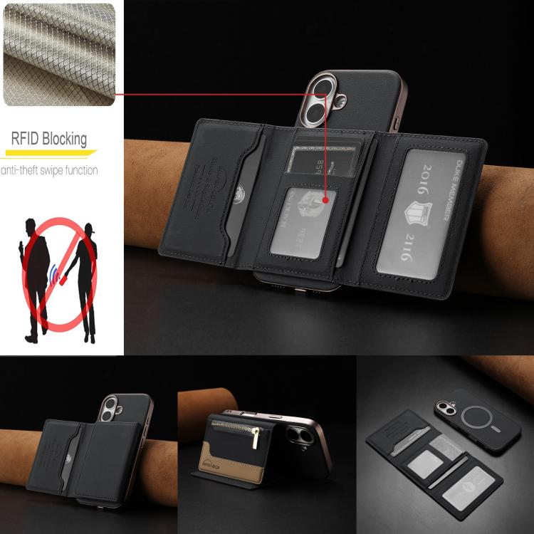 For iPhone 16 Zipper Horizontal Magnetic Card Bag RFID MagSafe Phone Case