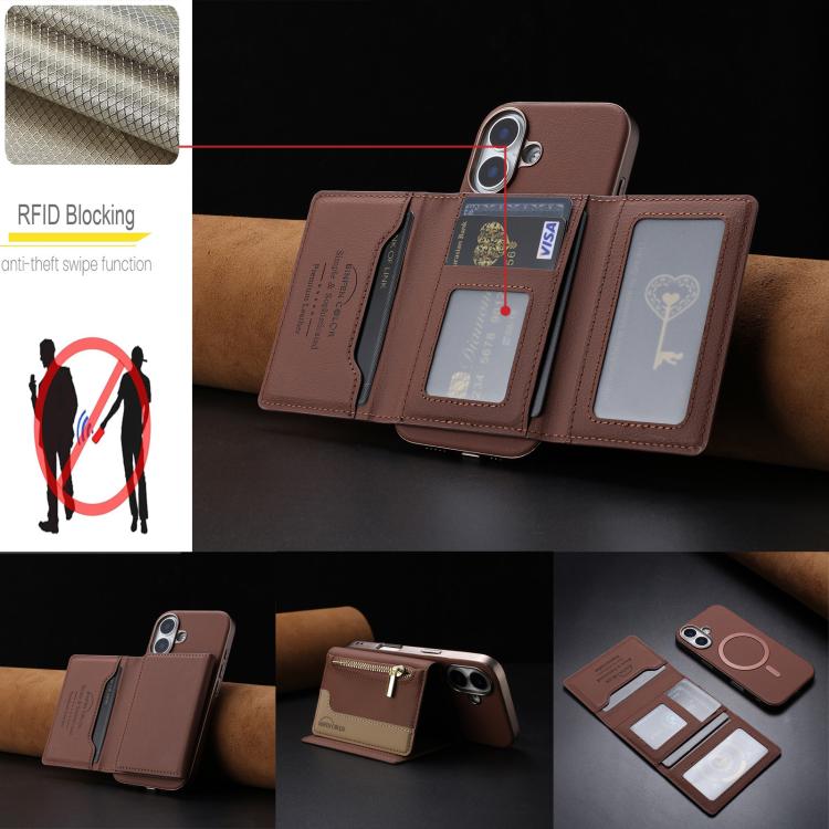 For iPhone 16 Zipper Horizontal Magnetic Card Bag RFID MagSafe Phone Case