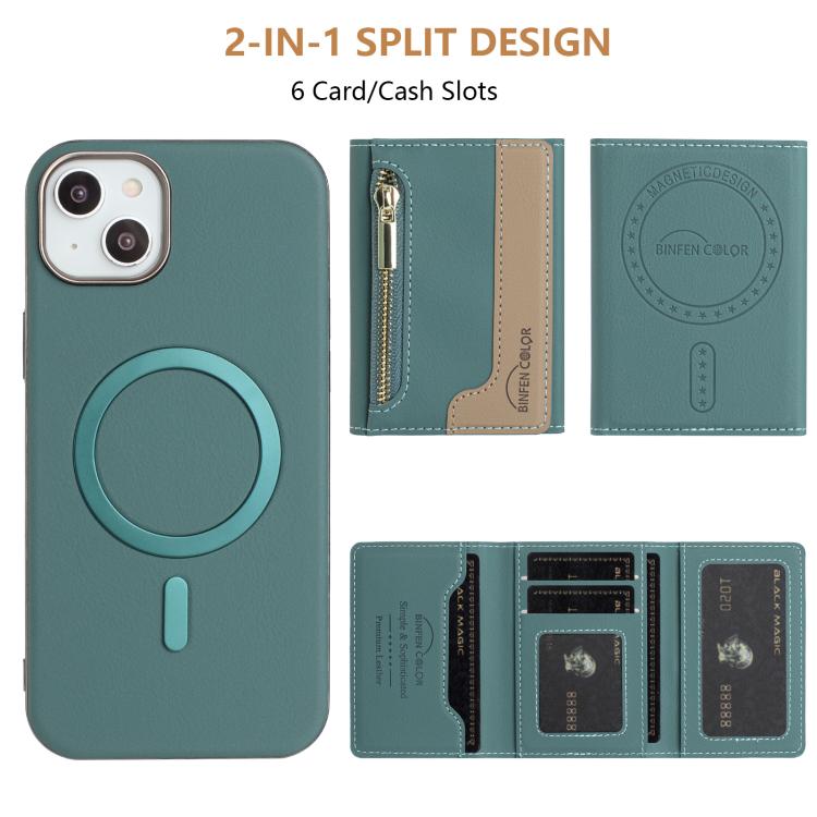 For iPhone 15 Plus Zipper Horizontal Magnetic Card Bag RFID MagSafe Phone Case