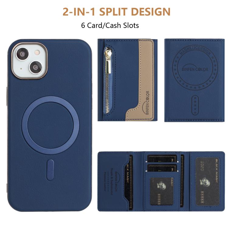 For iPhone 15 Plus Zipper Horizontal Magnetic Card Bag RFID MagSafe Phone Case