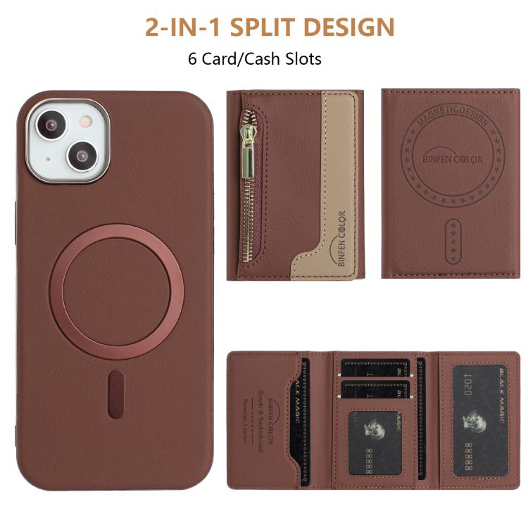 For iPhone 15 Plus Zipper Horizontal Magnetic Card Bag RFID MagSafe Phone Case