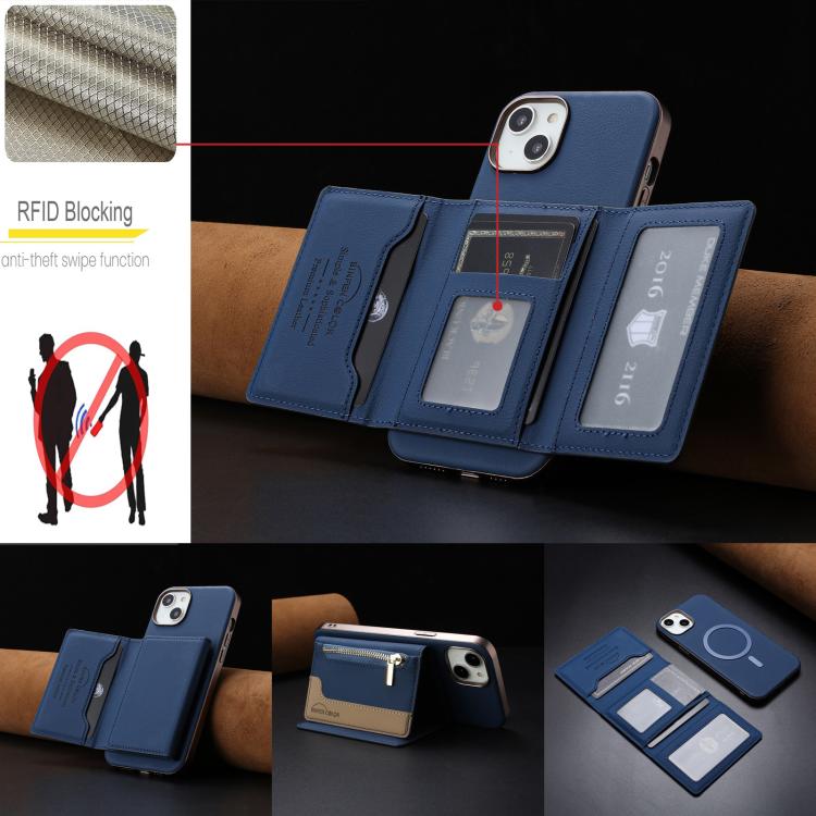 For iPhone 15 Zipper Horizontal Magnetic Card Bag RFID MagSafe Phone Case