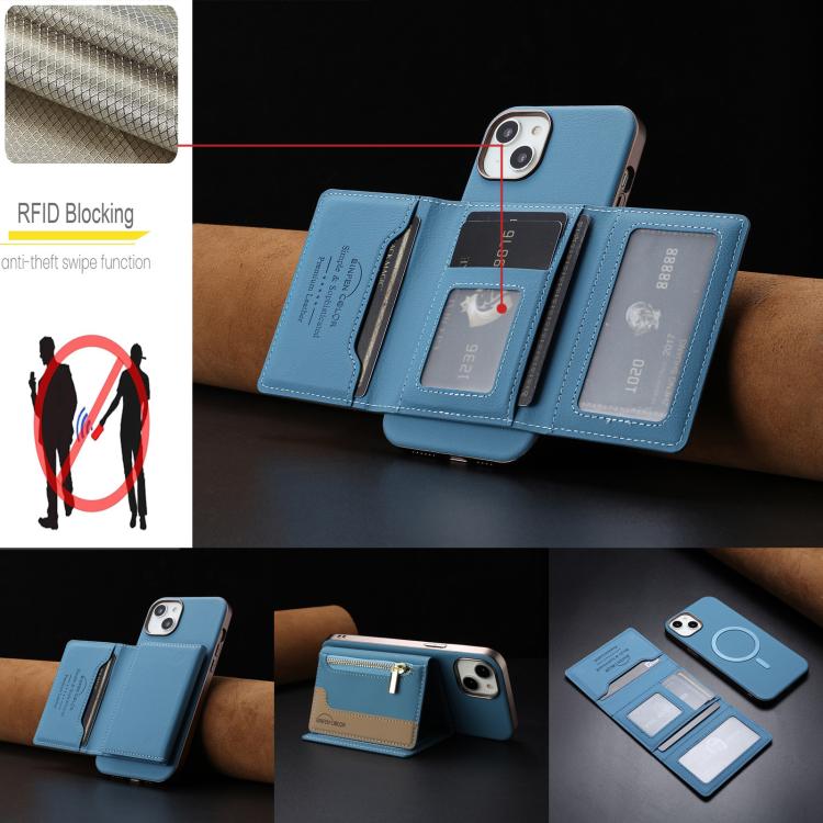 For iPhone 15 Zipper Horizontal Magnetic Card Bag RFID MagSafe Phone Case