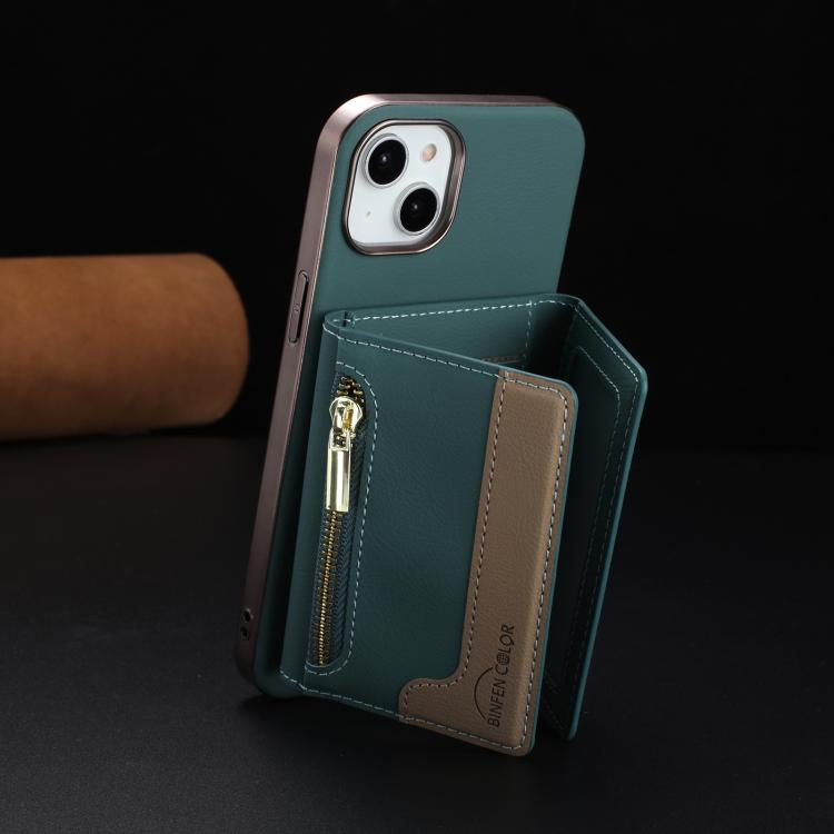 For iPhone 14 Plus Zipper Horizontal Magnetic Card Bag RFID MagSafe Phone Case
