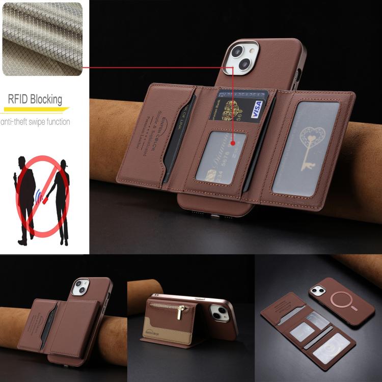 For iPhone 14 Plus Zipper Horizontal Magnetic Card Bag RFID MagSafe Phone Case