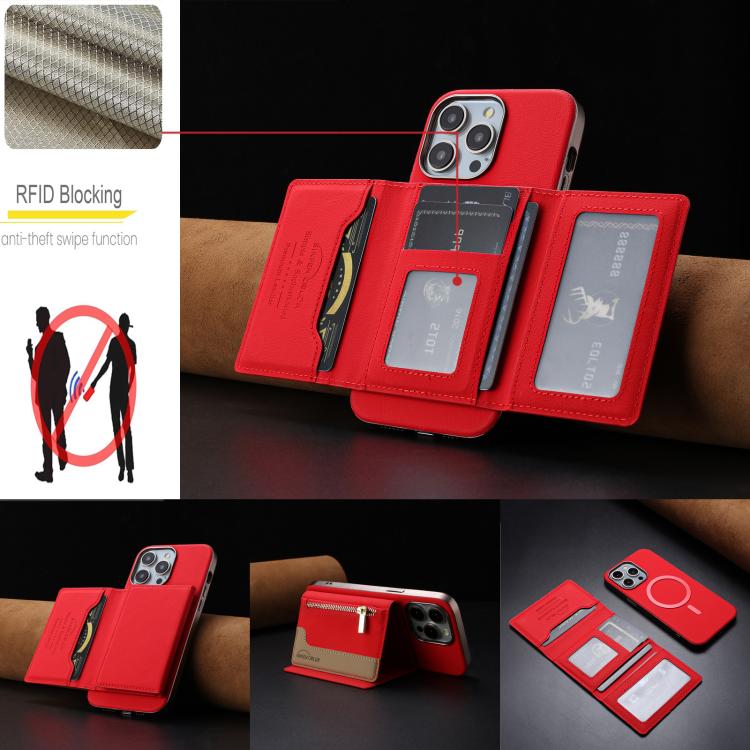 For iPhone 14 Pro Zipper Horizontal Magnetic Card Bag RFID MagSafe Phone Case