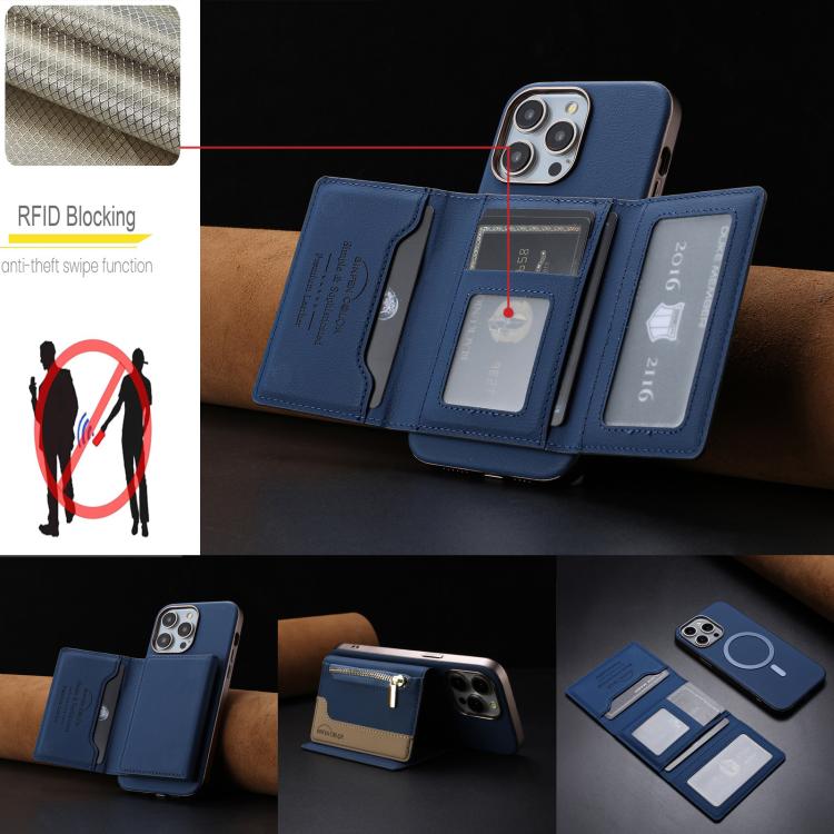 For iPhone 14 Pro Zipper Horizontal Magnetic Card Bag RFID MagSafe Phone Case