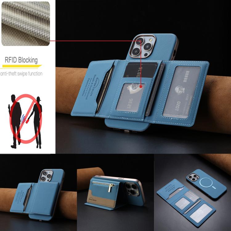 For iPhone 13 Pro Max Zipper Horizontal Magnetic Card Bag RFID MagSafe Phone Case