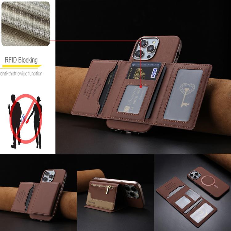 For iPhone 13 Pro Zipper Horizontal Magnetic Card Bag RFID MagSafe Phone Case