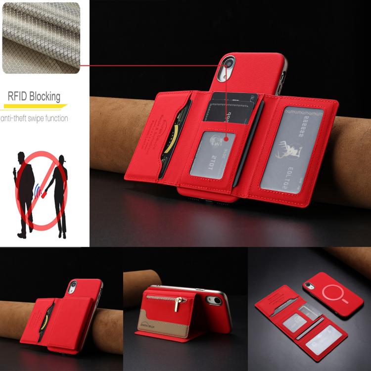 For iPhone XR Zipper Horizontal Magnetic Card Bag RFID MagSafe Phone Case