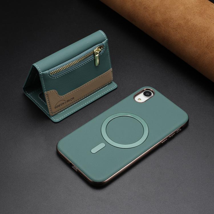 For iPhone XR Zipper Horizontal Magnetic Card Bag RFID MagSafe Phone Case