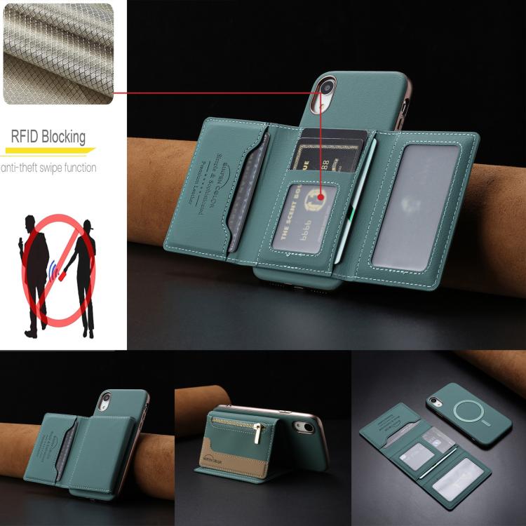 For iPhone XR Zipper Horizontal Magnetic Card Bag RFID MagSafe Phone Case