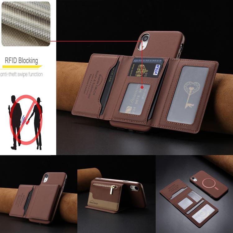 For iPhone XR Zipper Horizontal Magnetic Card Bag RFID MagSafe Phone Case