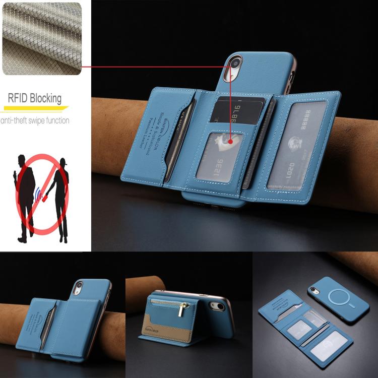 For iPhone XR Zipper Horizontal Magnetic Card Bag RFID MagSafe Phone Case