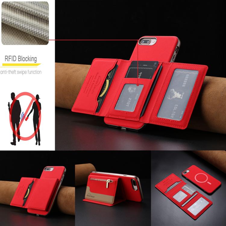 For iPhone 8 Plus / 7 Plus Zipper Horizontal Magnetic Card Bag RFID MagSafe Phone Case
