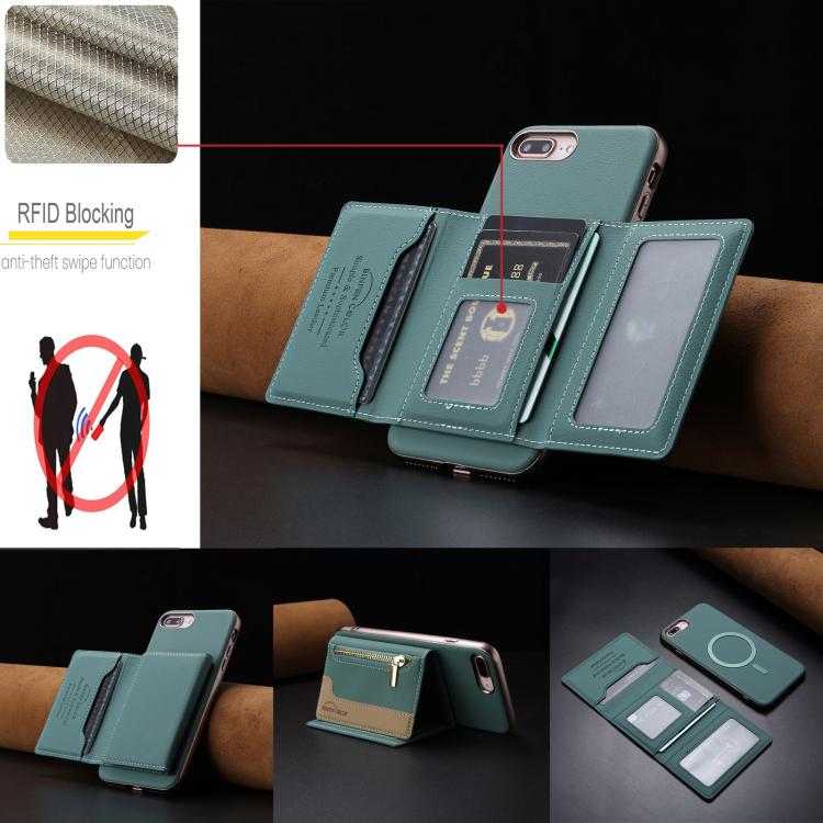 For iPhone 8 Plus / 7 Plus Zipper Horizontal Magnetic Card Bag RFID MagSafe Phone Case