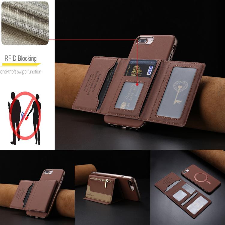 For iPhone 8 Plus / 7 Plus Zipper Horizontal Magnetic Card Bag RFID MagSafe Phone Case