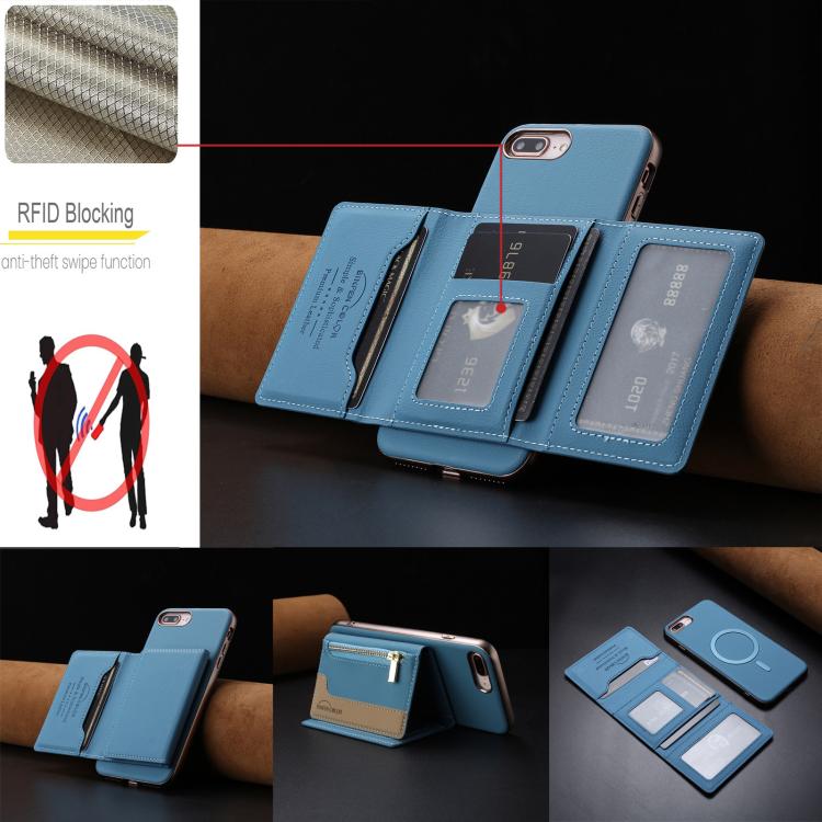 For iPhone 8 Plus / 7 Plus Zipper Horizontal Magnetic Card Bag RFID MagSafe Phone Case