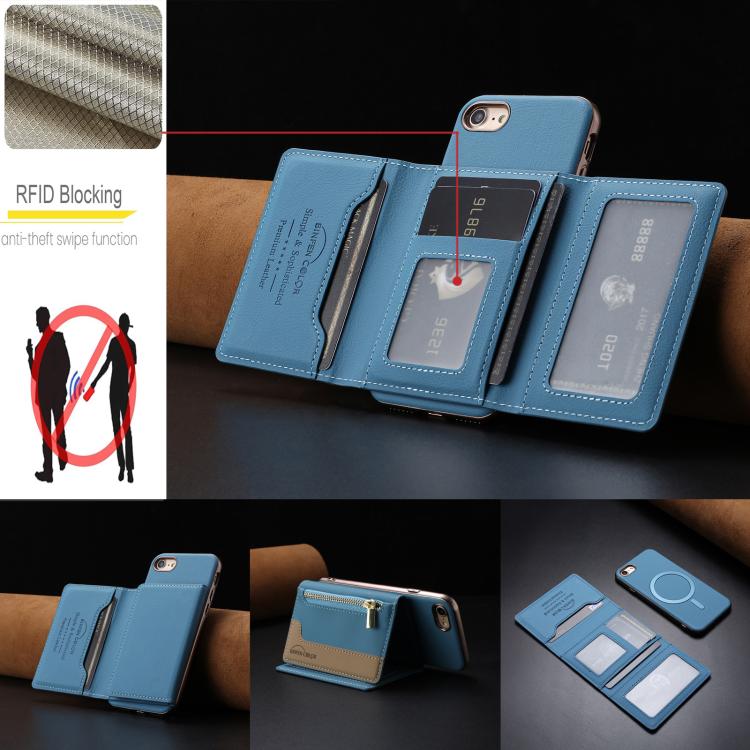 For iPhone 8 / 7 / 6 Zipper Horizontal Magnetic Card Bag RFID MagSafe Phone Case
